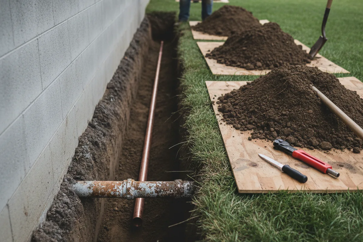 Excavated water line trench during Water Softener Installation in Foley